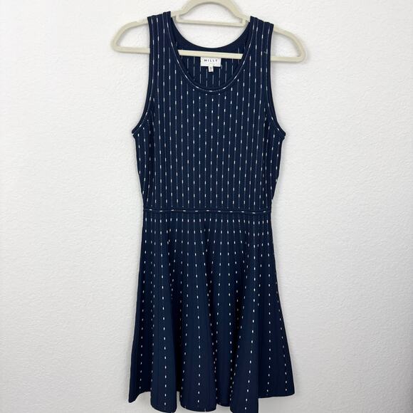 Milly Womens Vertical Dot Flare Mini Dress Size 6 Sleeveless ASO DOOL Dark Blue - Picture 1 of 7